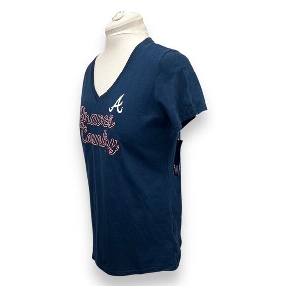 Majestic Athletic Navy Braves Country MLB V Neck T-Shirt Womens L 100% Cotton - Picture 3 of 9